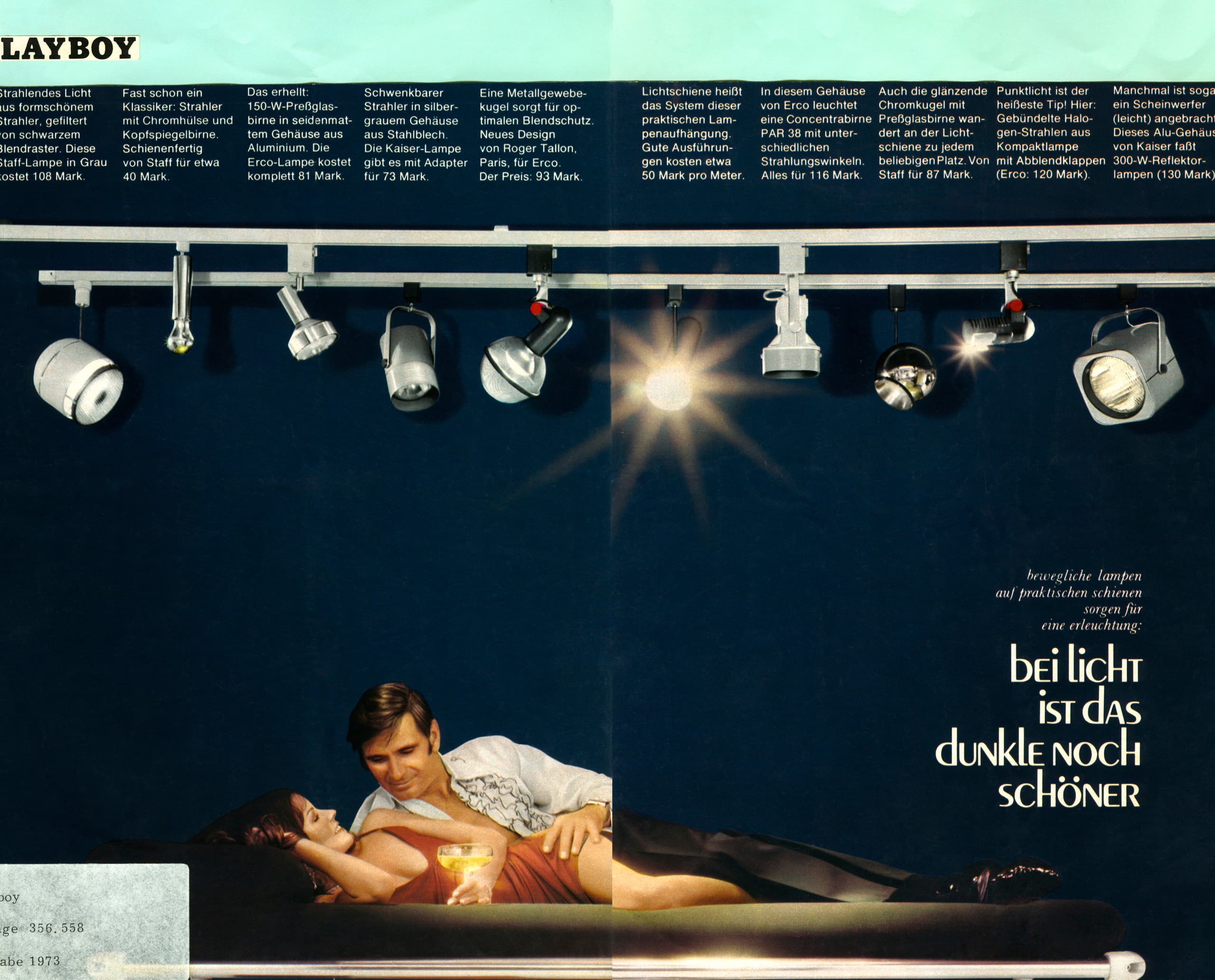 ERCO Lichtwerbung im Playboy Magazin, die flexible Beleuchtung für eine intime Atmosphäre bewirbt.