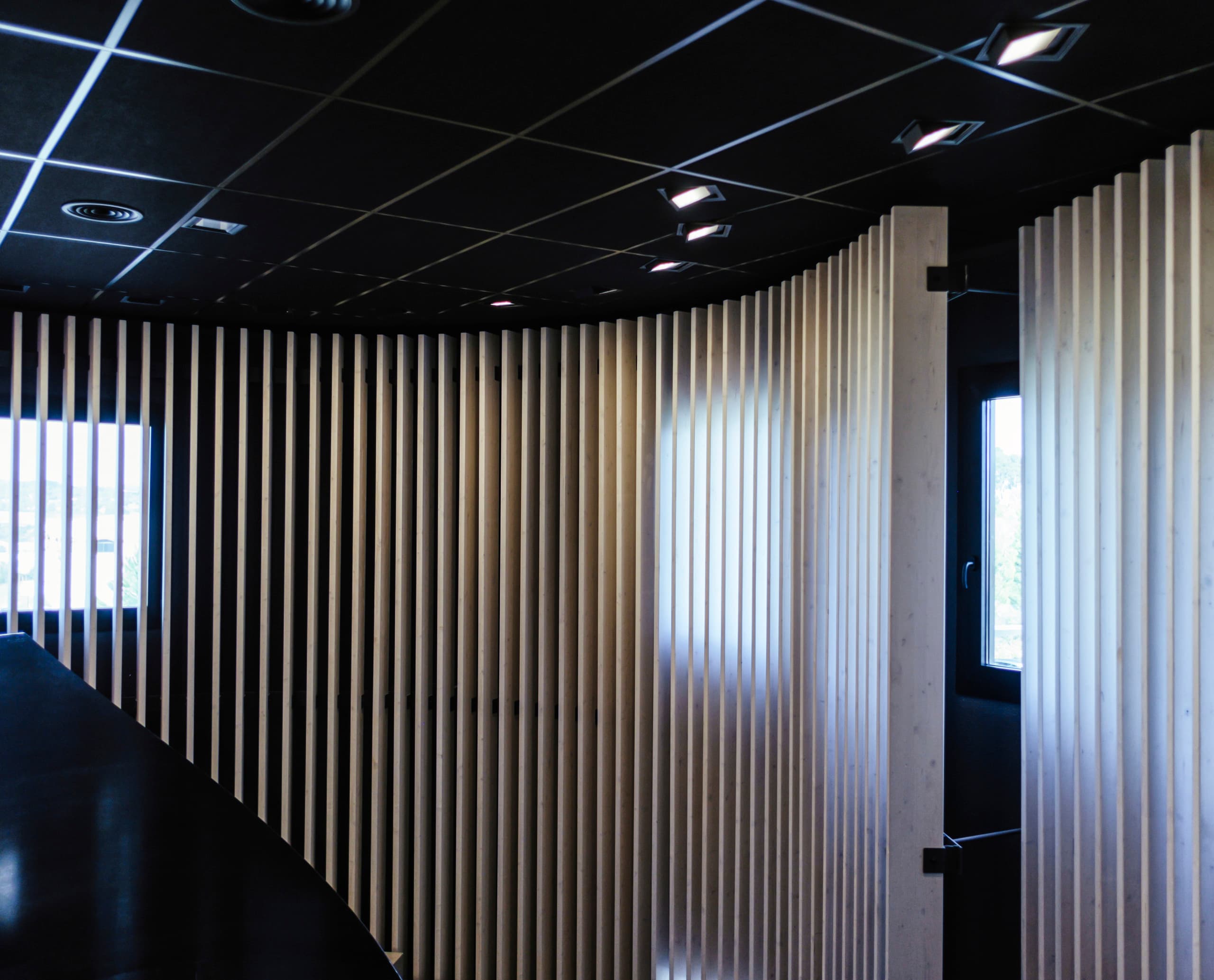 Graficas Varias Büro mit ERCO LED-Beleuchtung und Holzlamellen für visuelles Erlebnis und Ergonomie.