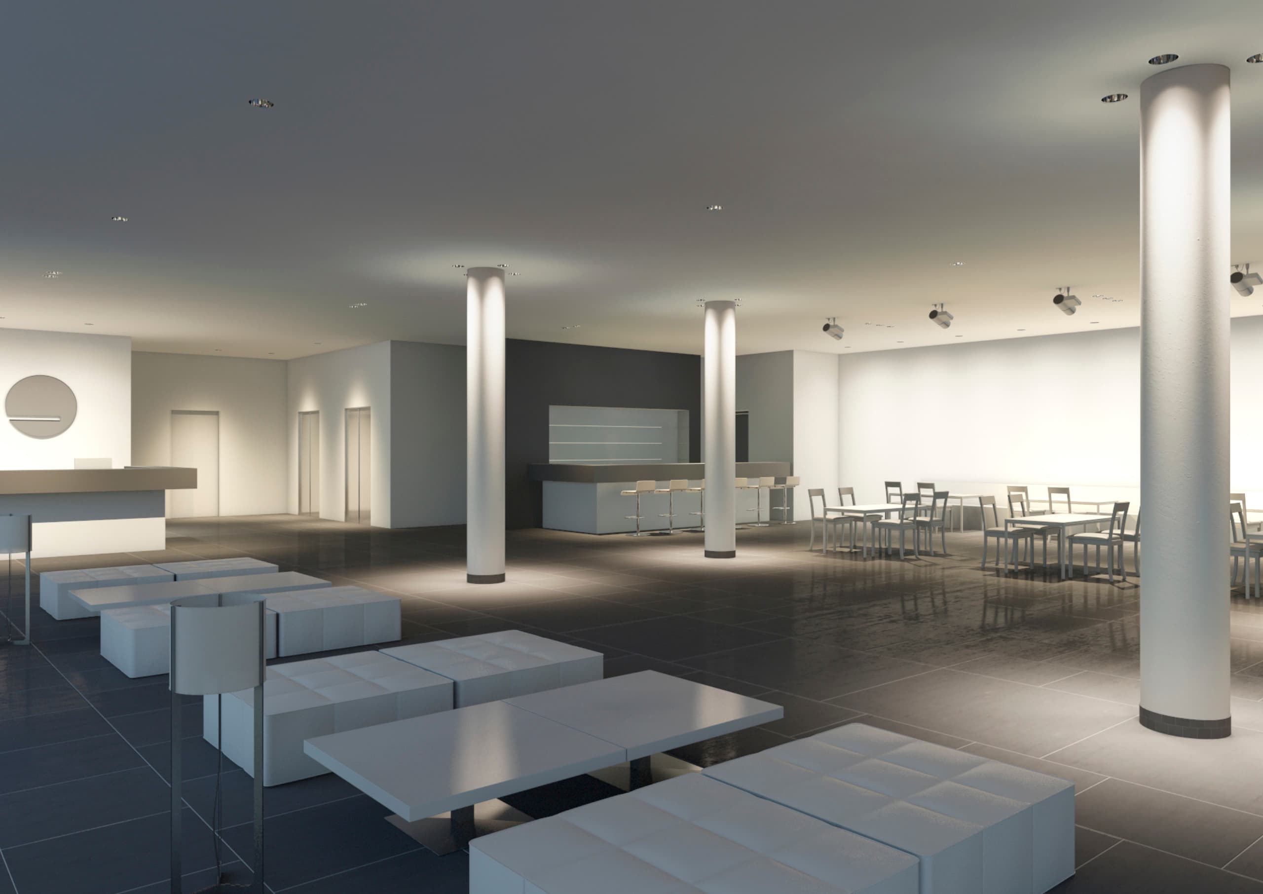 Hotel-Lobby mit ERCO Lichtlösungen: Wandfluter, Richtstrahler und Akzentbeleuchtung schaffen Atmosphäre und Orientierung.