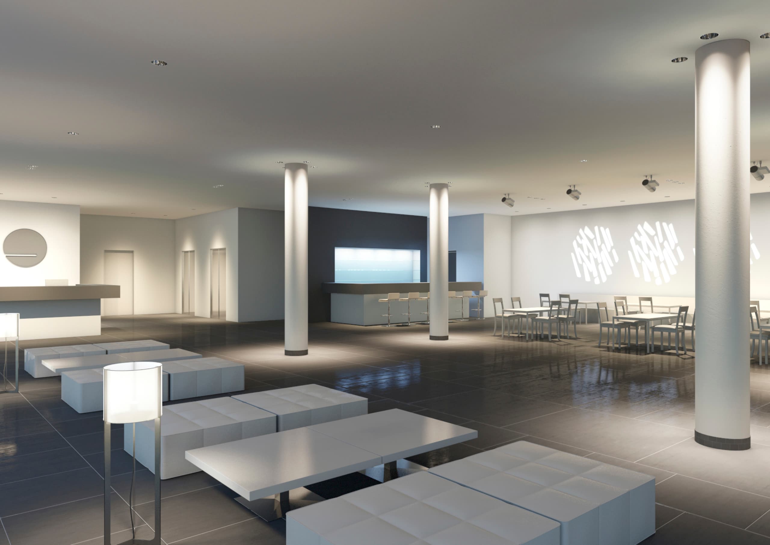 Helle Hotellobby mit ERCO Beleuchtung, die Ambiente und Orientierung schafft.