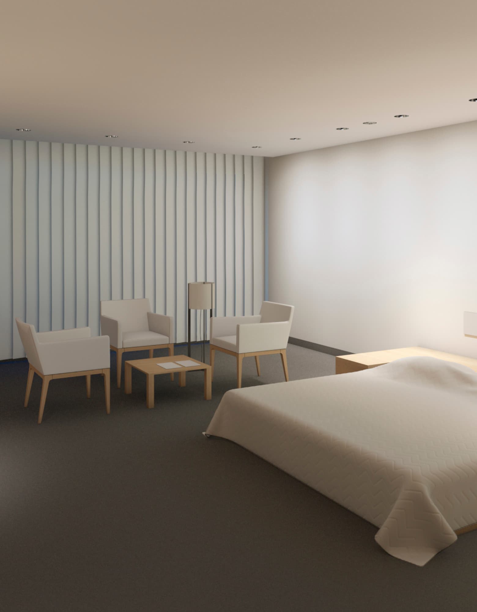 Hotelzimmer mit ERCO Licht: Wandfluter, Akzentbeleuchtung und dekorative Leuchte für eine ausgewogene Lichtatmosphäre.