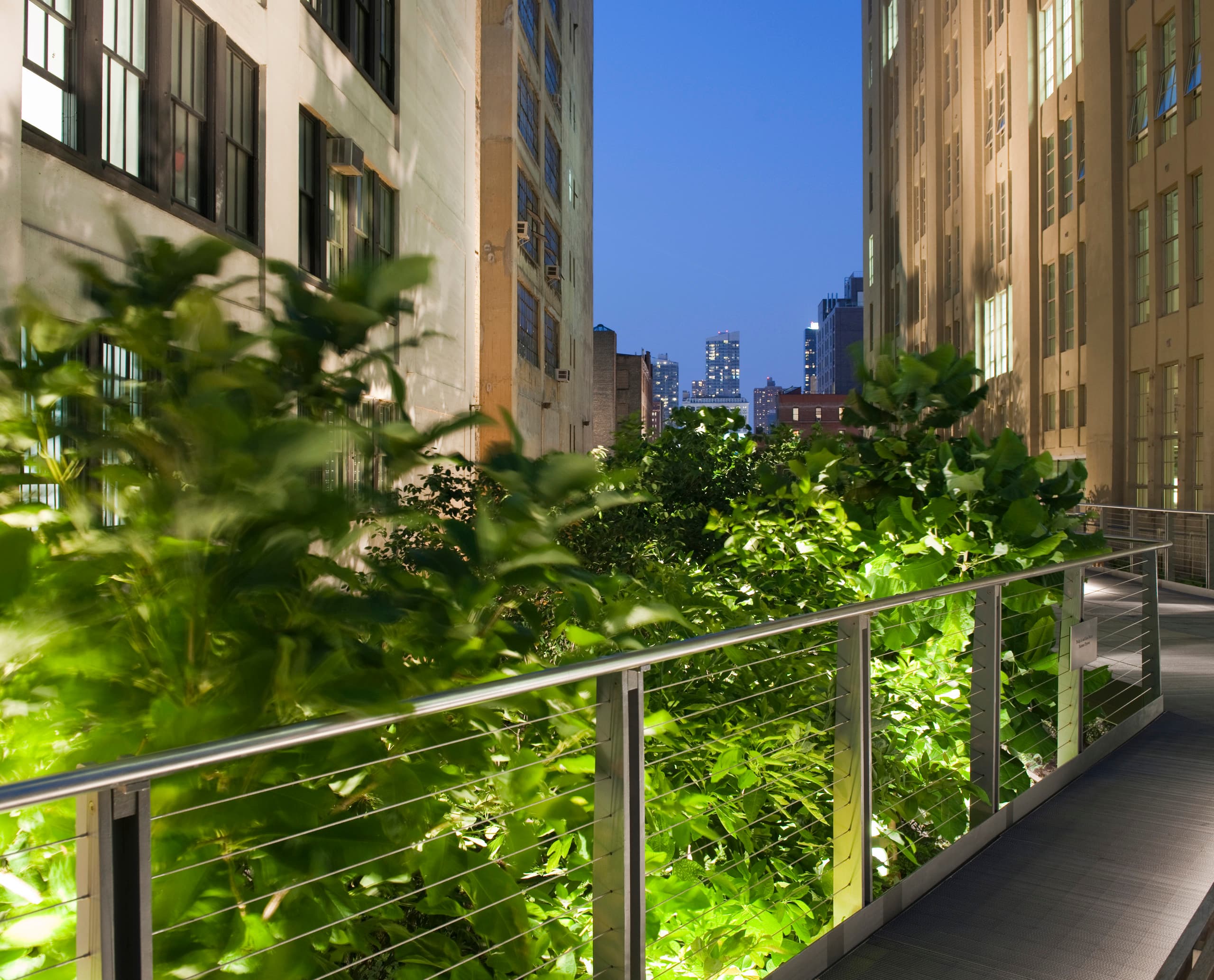 Highline Park bei Nacht: ERCO Lichtwerkzeuge beleuchten die erhöhte Grünanlage in Manhattan.