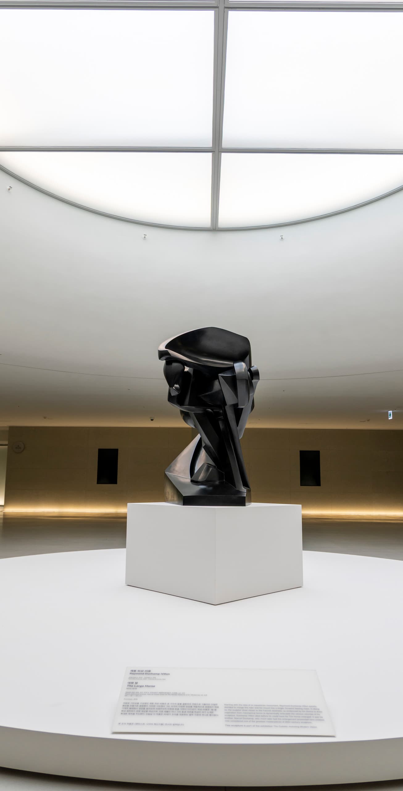 Schwarze Skulptur unter Tageslichtdecke.