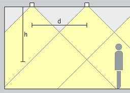 Graphic luminaire arrangement of downlights in the ceiling in section and in the ceiling plan. 