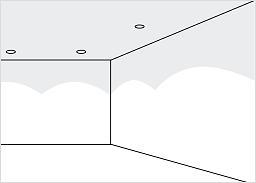 Rappresentazione grafica downlight disposti ad angolo nel soffitto e prospettiva della stanza.