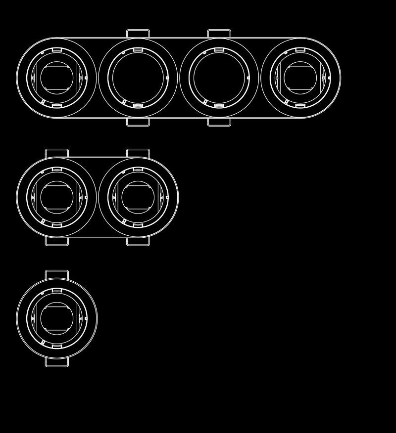 Axis recessed spotlight configurations: single, double, and quad arrangements for accent lighting.