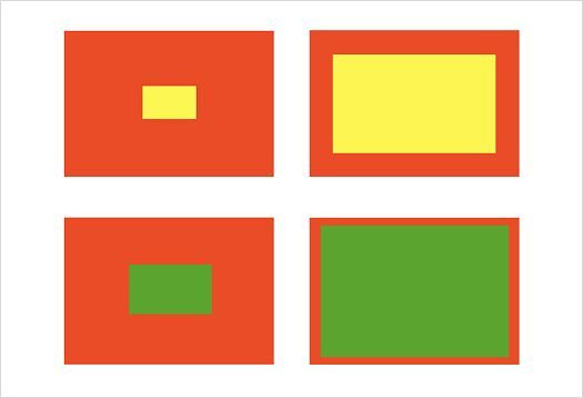 Kleurcontrast door kwantiteitscontrast: kleurvlakken van verschillende groottes op een hoofdvlak.