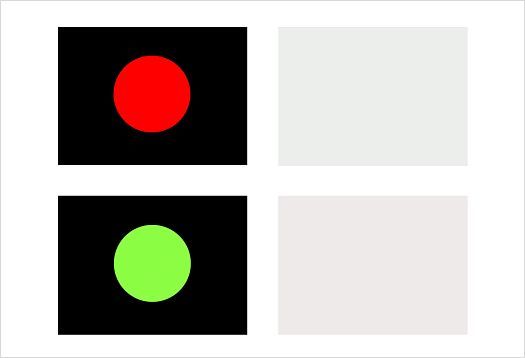 Efecto del contraste de color simultáneo: un punto rojo sobre fondo negro genera un tono gris verdoso, como se aprecia en la superficie de la derecha, y un punto verde genera un tono gris rojizo.
