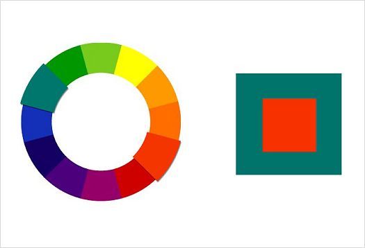 Representación del contraste complementario: rueda de color y cuadrado rojo sobre cuadrado verde.