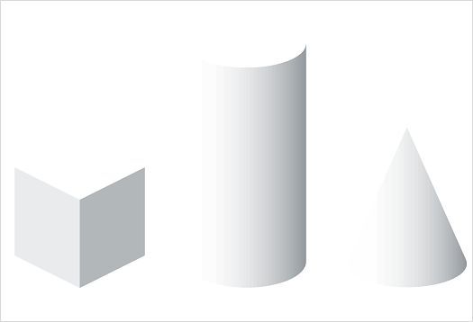 Representación de un cilindro, un cubo y un cono con degradados de sombra.