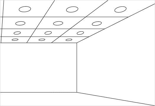 Grafiek van een ruimte waar aan het plafond, dankzij de grootteconstantie, vierkante vlakken met cirkels belangrijk worden.
