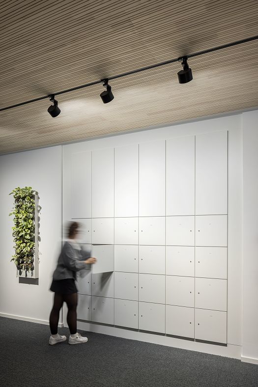 A wall with lockers beneath a wooden slatted ceiling and a track lighting system with spotlights, providing even illumination for functional hallway or workspace lighting.