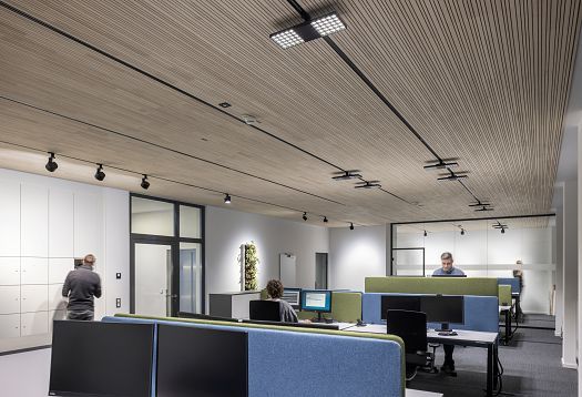 An open-plan office with a wooden slatted ceiling, open-plan workstations and a combination of track spotlights and downlights to provide zoned, low-glare lighting.