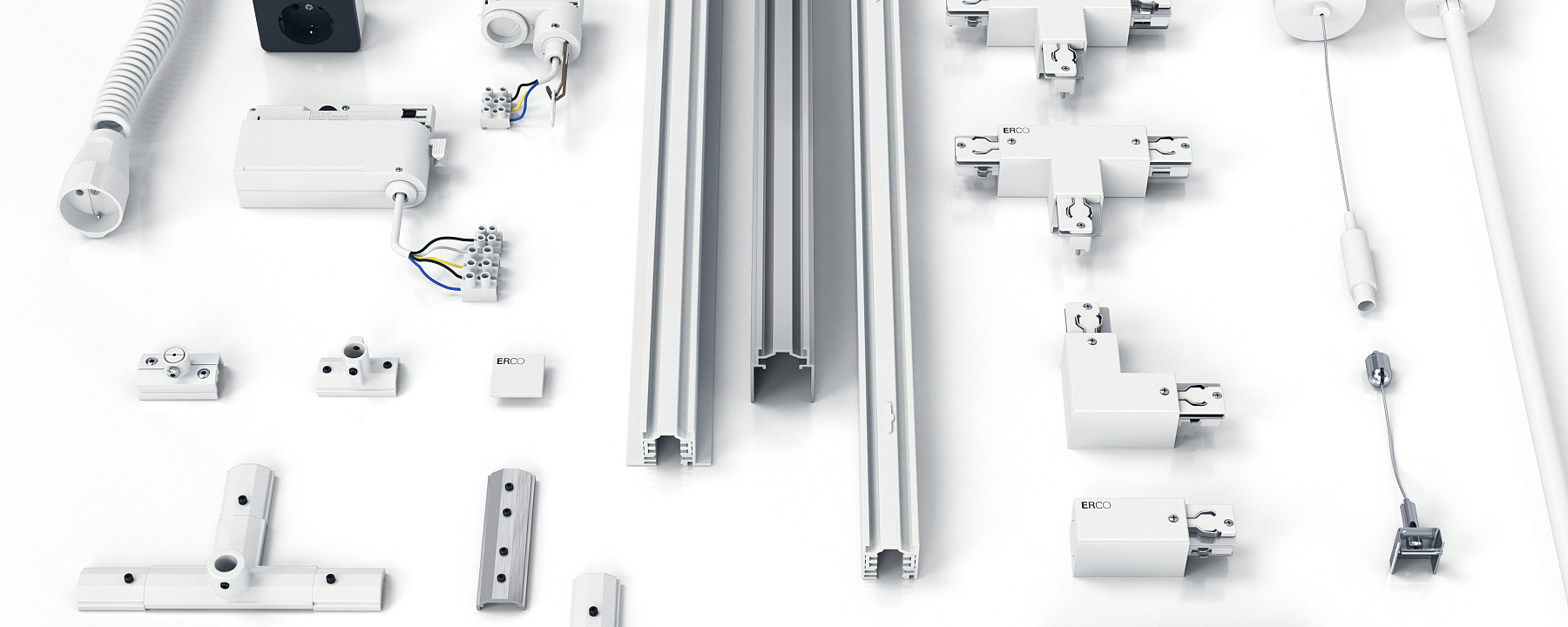 ERCO spanningsrails en adaptiestukken - Spanningsrails en lichtstructuren