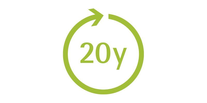 Símbolo de vida útil de 20 años de la luminaria Iku, diseñada para una larga duración.