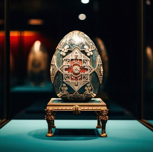 A Fabergé egg, artfully lit in a gallery, highlighting its intricate details and value.