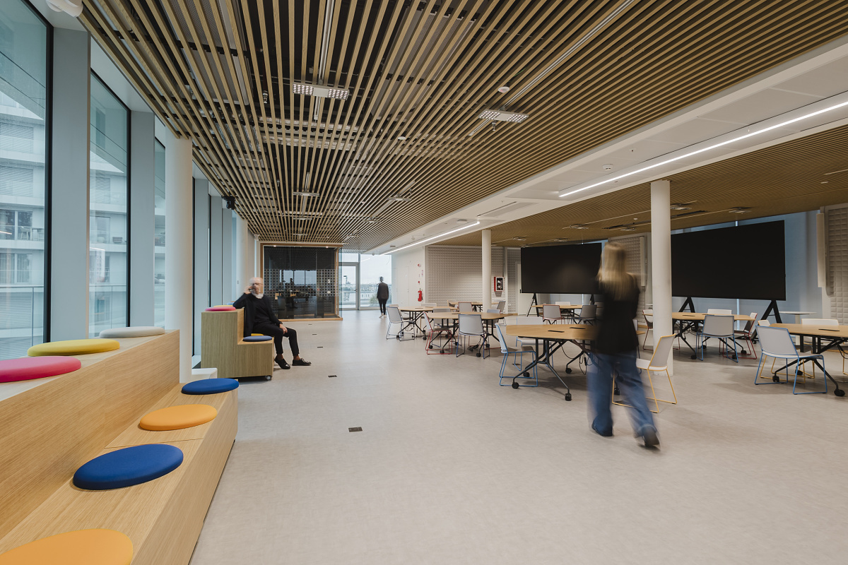 Large open-plan office with a slatted timber ceiling, expansive glazing, colored seating steps and flexibly arranged tables. Several people are moving through the room or seated near the windows.