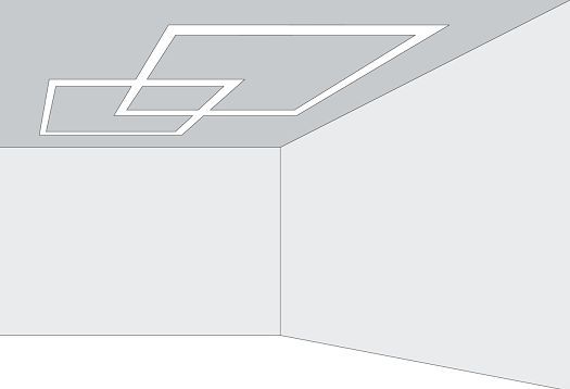 Twee vierhoeken aan het plafond overlappen elkaar en visualiseren de wet van de goede vorm in het kader van de gestaltwaarneming.