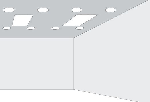 Wet van de symmetrie: opstelling van twee vierkante vormen en acht ronde vormen in het plafond in een ruimte.