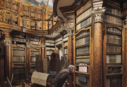 Detailed view of a historic library hall with tall, ornate wooden shelving and a person viewing a showcase.