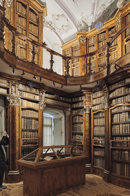 Historic library hall with tall, ornate wooden shelves full of books and a person taking a photo of the painted ceiling.