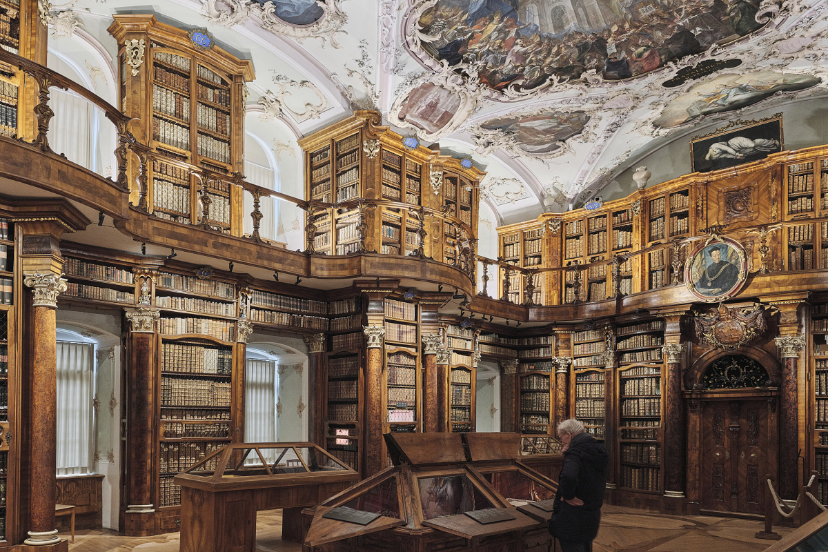 Historic library hall with ornate wooden shelves, an elaborately painted ceiling, and showcases in front of which a person is standing.